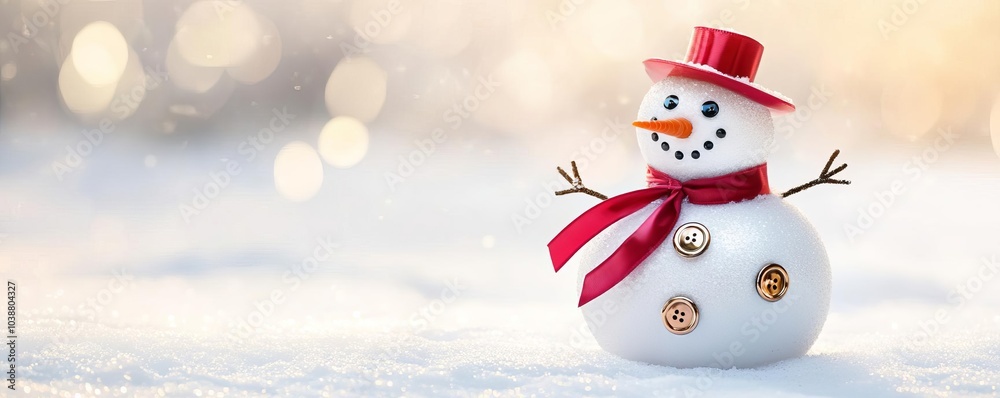 Fototapeta premium Snowman with shiny metallic buttons and a red ribbon scarf, adding sparkle to the snow