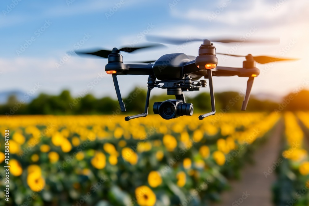 Drone flying over a solar panel field, inspecting the array for maintenance and efficiency improvements Drone flying over a solar panel field, inspecting the array for maintenance and efficiency improvements