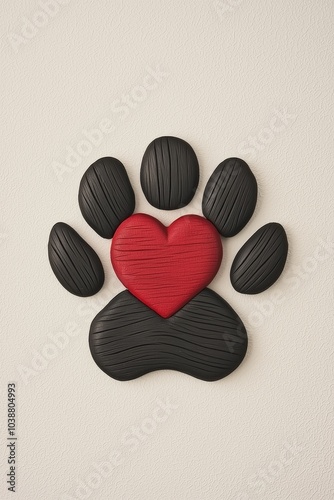Macro Black Paw Print with Red Heart on Off-White Surface - Symbol of Love and Care, Minimalist Pet Theme for Greeting Cards and Decor