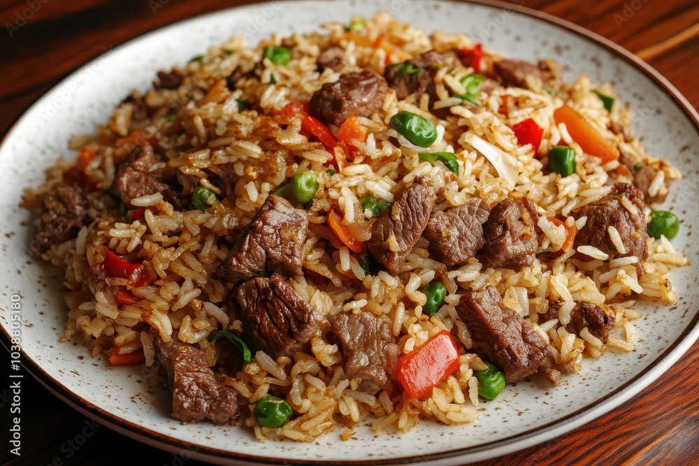 A dish of fried rice with beef and crackers A dish of fried rice with beef and crackers