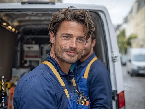 Confident Urban Worker Smiling by Van in Cityscape - Friendly Professional Portrait with Soft Lighting