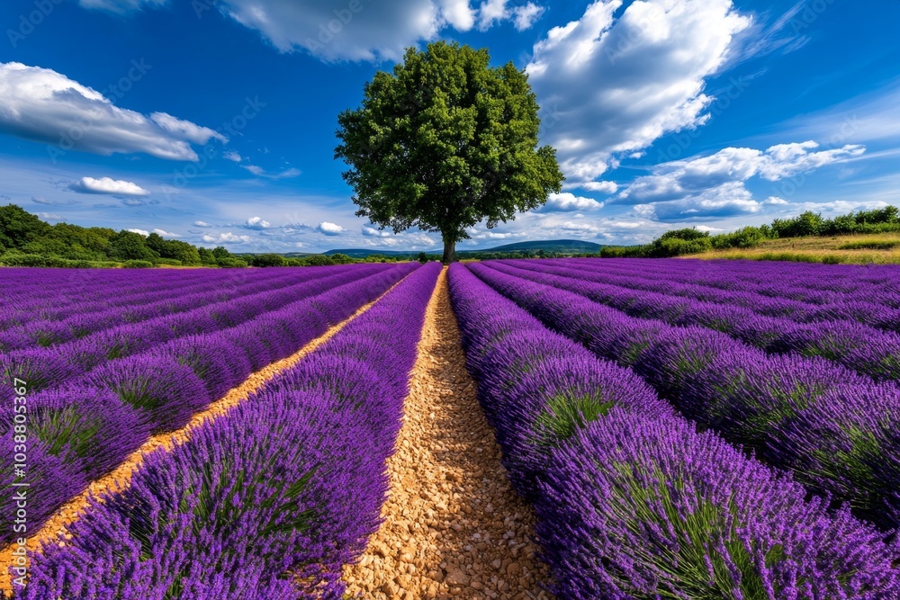 Fototapeta premium Field of lavender stretching into the distance, with a lone tree standing tall under a bright blue sky
