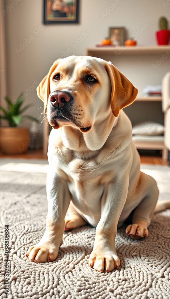 Adorable Labrador dog sitting on carpet at home isolated with white highlights, png Adorable Labrador dog sitting on carpet at home isolated with white highlights, png
