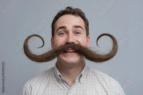 Cheerful man with a huge mustache on a light background. photo