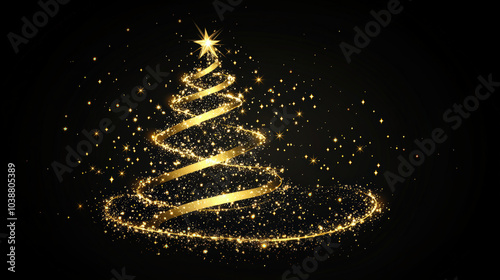 Luminous Christmas Tree with Golden Ribbons and Star Accents on Black