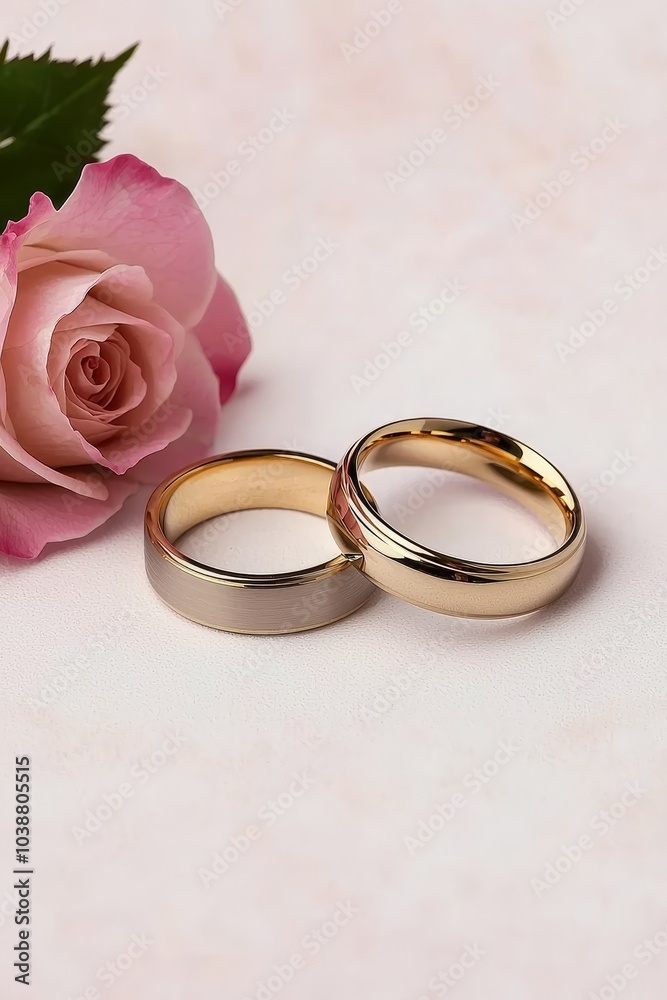 Elegant Gold and Silver Wedding Bands Closeup on White Surface with Pink Rose, Romance and Commitment Concept Elegant Gold and Silver Wedding Bands Closeup on White Surface with Pink Rose, Romance and Commitment Concept