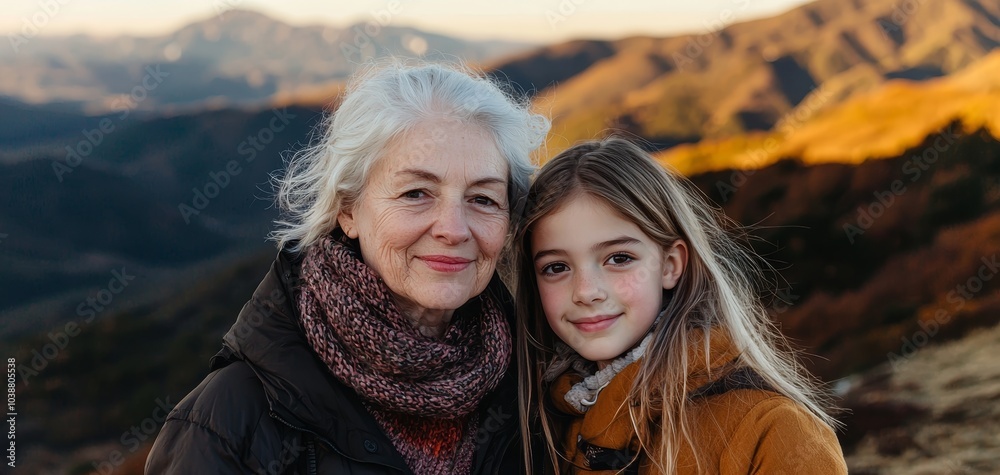 Fototapeta premium Intimate Generations Close-Up Portrait of Loving Grandma and Granddaughter Against Mountain Backdrop at Sunset - Family Bonding and Affection Concept