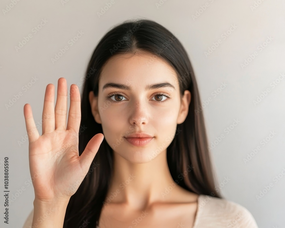 Ethereal Beauty Serene Portrait of Young Woman with Dark Hair and Delicate Hand Gesture Against Neutral Background - Calm and Captivating Natural Beauty Concept Ethereal Beauty Serene Portrait of Young Woman with Dark Hair and Delicate Hand Gesture Against Neutral Background - Calm and Captivating Natural Beauty Concept