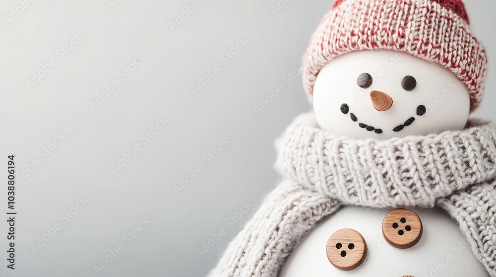Snowman with wooden buttons and a warm knitted scarf, cozy winter style Snowman with wooden buttons and a warm knitted scarf, cozy winter style