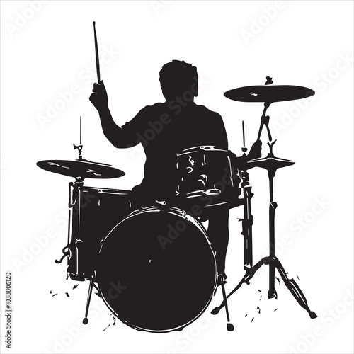 A drummer musician drumming drums in detailed silhouette