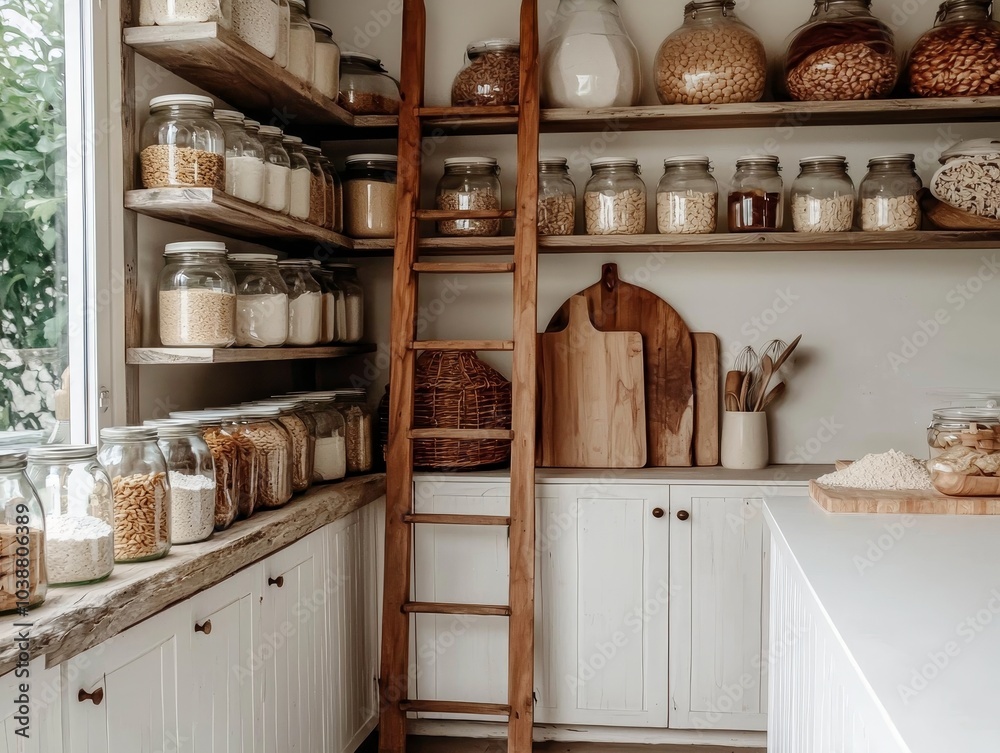 Organic Pantry Harmony Close-Up of Glass Jar Collection on Wooden Shelves in Minimalist Kitchen Setting, Warm Tones, Cozy Atmosphere