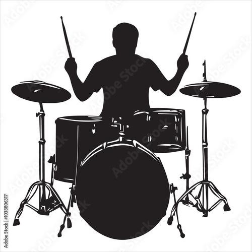 A drummer musician drumming drums in detailed silhouette