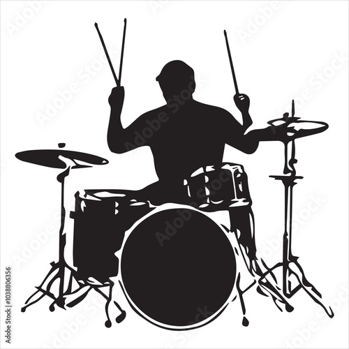 A drummer musician drumming drums in detailed silhouette
