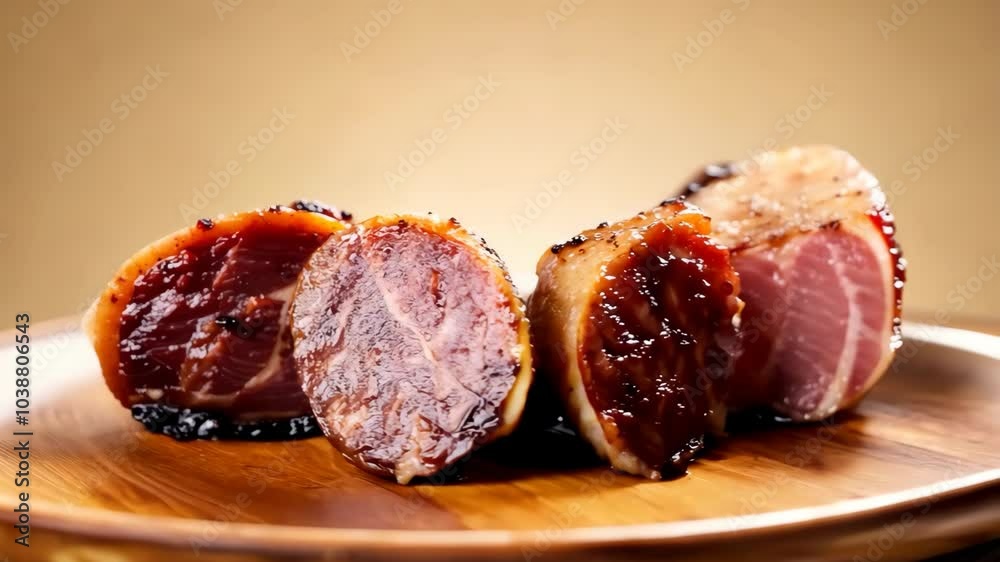 Sliced gourmet smoked duck breast on wooden platter with glazed finish