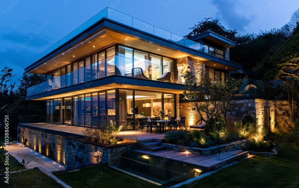 Modern glass fronted house illuminated at night Modern glass fronted house illuminated at night