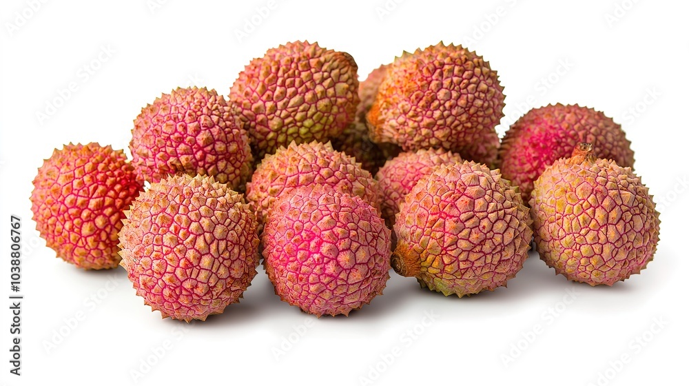 A cluster of fresh lychee fruits, featuring a textured, pinkish skin, ready for consumption.