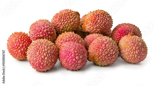 A cluster of fresh lychee fruits, featuring a textured, pinkish skin, ready for consumption.