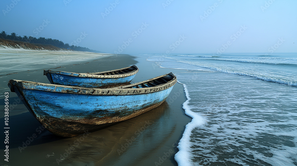 Serene tropical beach with a boat on shore at sunset. Serene tropical beach with a boat on shore at sunset.
