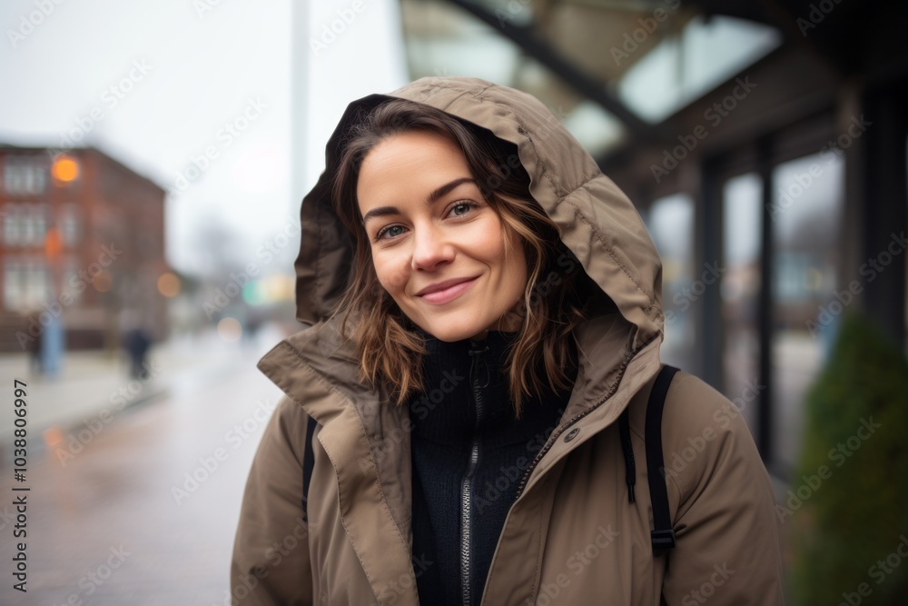 Outdoor portrait of a beautiful young woman wearing a warm coat and smiling Outdoor portrait of a beautiful young woman wearing a warm coat and smiling