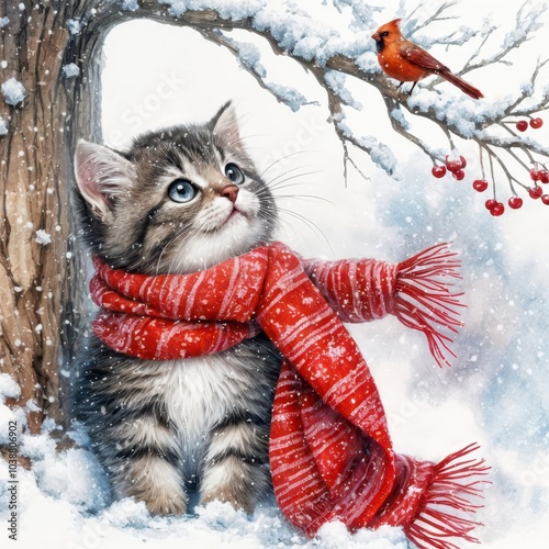 A fluffy kitten wearing a red winter scarf as it gazes up at a cardinal perched on a snow-covered branch 