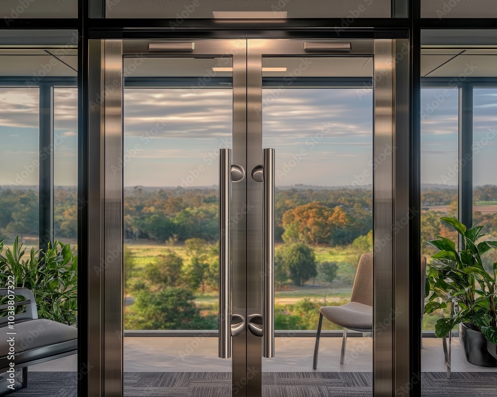 Obraz premium Symmetrical Elegance Close-Up of Modern Steel Double Doors in Office Building with Panoramic Views of Green Landscape - Professional and Tranquil Ambiance