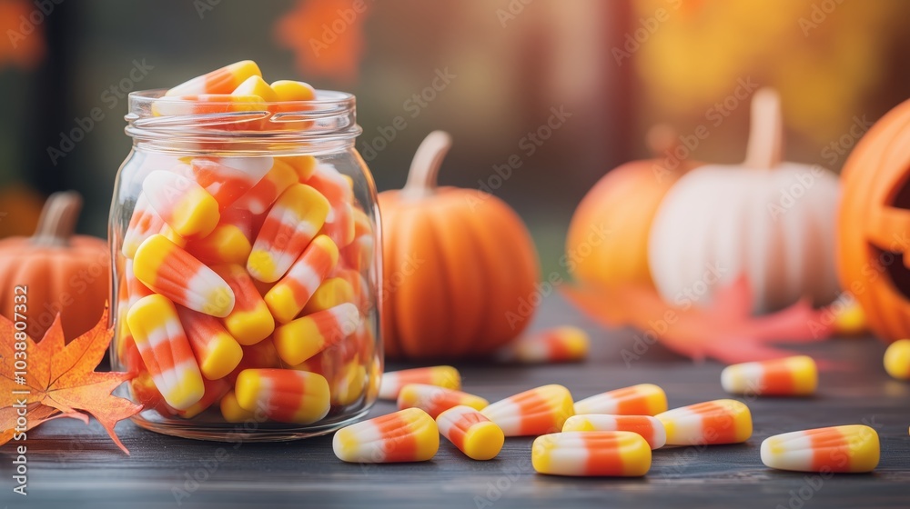 Naklejka premium Candy Corn Delight: A charming arrangement of candy corn in a glass jar, surrounded by miniature pumpkins and autumn leaves, evokes the sweet spirit of Halloween. 