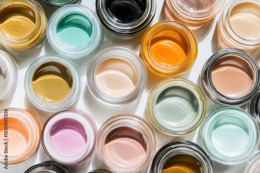 A modern cosmetic concept featuring jars of hydrating eye patches for anti aging and skin care A modern cosmetic concept featuring jars of hydrating eye patches for anti aging and skin care