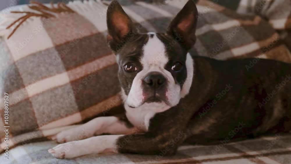 The Boston Terrier is lying on the beach on the couch at home. The Boston Terrier is lying on the beach on the couch at home.