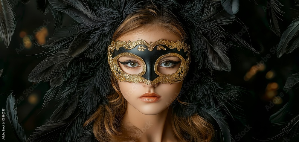 Fototapeta premium Elegant Masquerade Mystery Woman in Gold and Black Mask with Feathered Frame, Luxury Noir Concept for Events and Fashion Editorials