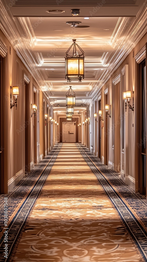 Naklejka premium Elegant Hotel Hallway with Luxurious Carpeting