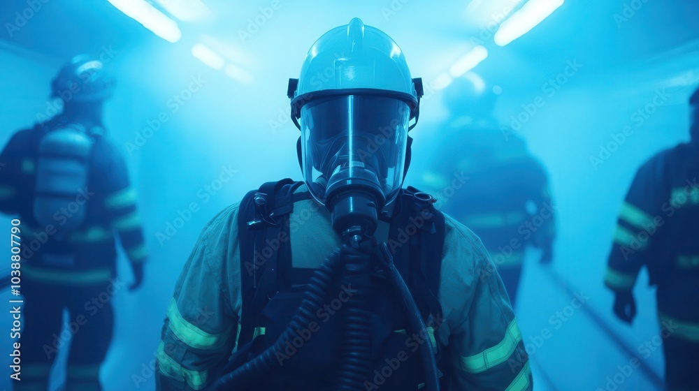 Firefighter guiding people out of a smoky stairwell, evacuation and rescue concept, public safety under extreme conditions, dramatic tension