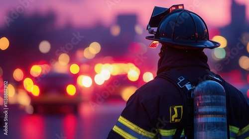 Firefighter directing traffic away from a fire scene, city buildings and flashing lights in the background, public safety and control concept