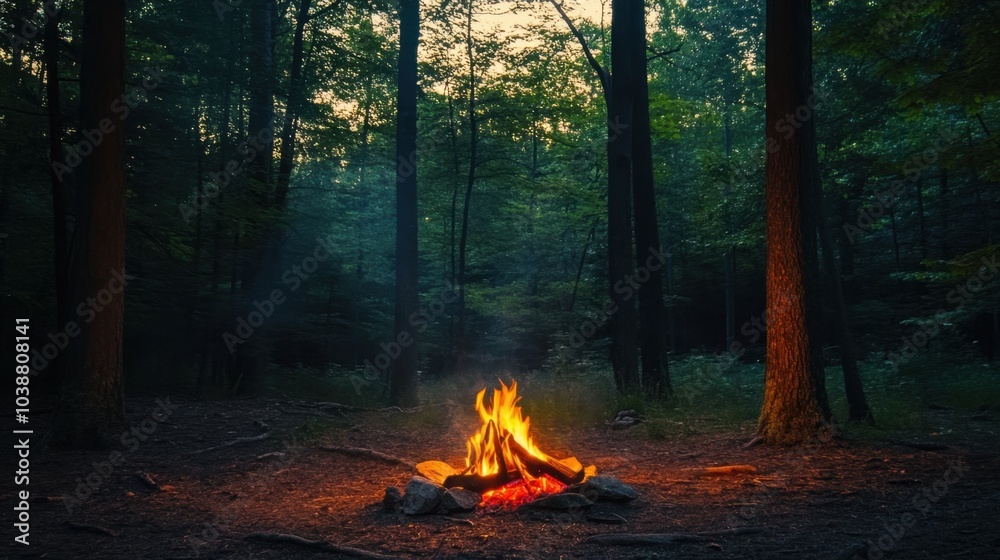 A lambent campfire in the middle of a forest, its warm light gently illuminating the trees and surrounding area. A lambent campfire in the middle of a forest, its warm light gently illuminating the trees and surrounding area.