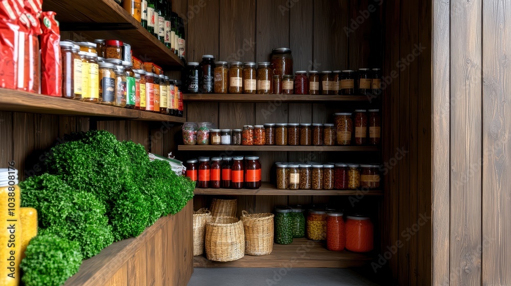 A rustic pantry filled with jars of various preserved foods, spices, and fresh greens on wooden shelves. A rustic pantry filled with jars of various preserved foods, spices, and fresh greens on wooden shelves.