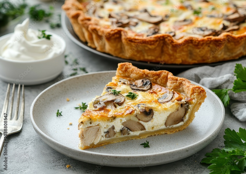 A plate of quiche with mushrooms chicken and cheese sits on a gray table with a whole pie sour cream herbs a towel and a fork in the background A plate of quiche with mushrooms chicken and cheese sits on a gray table with a whole pie sour cream herbs a towel and a fork in the background