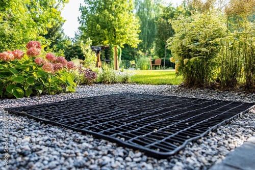 A plastic grid for gravel driveways safeguards the ground and keeps the gravel in place photo