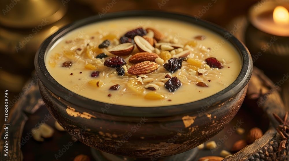 Rich almond saffron kheer, traditional festive dessert, warm ambiance, garnished with almonds, raisins, candlelit setting