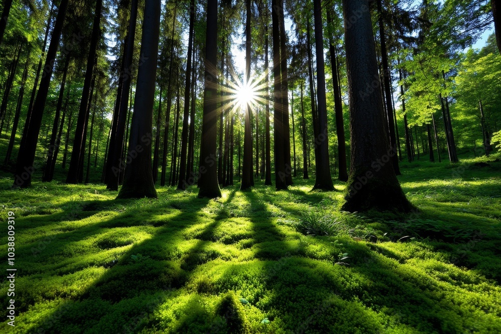 Obraz premium Lush forest with sunlight streaming through tall trees, casting shadows on a carpet of moss and ferns