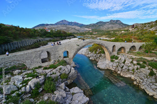 The historic Mes Bridge in Shkodra, Albania, was built in the 18th century during the Ottoman period.