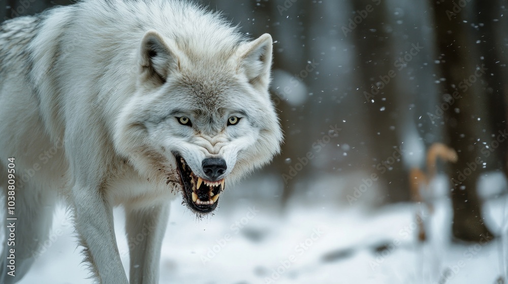 Obraz premium A close-up of a fierce-looking white wolf in a snowy forest setting.