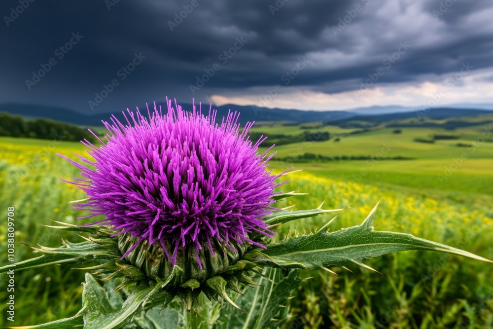 Milk thistle in a dark and stormy landscape, its spiky leaves and purple flower head glowing against a gloomy sky Milk thistle in a dark and stormy landscape, its spiky leaves and purple flower head glowing against a gloomy sky