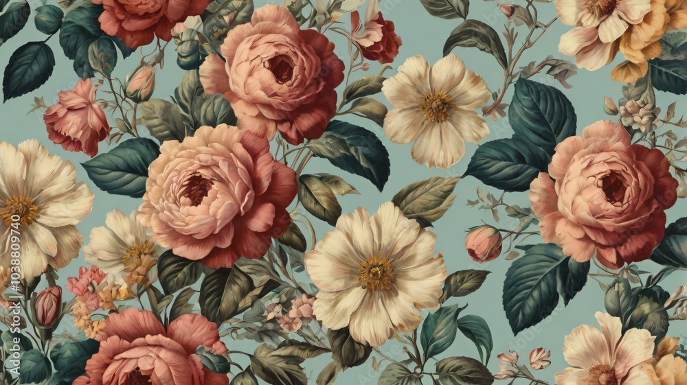 Beautiful floral wallpaper design featuring roses and wildflowers in pastel shades against a light blue background Beautiful floral wallpaper design featuring roses and wildflowers in pastel shades against a light blue background