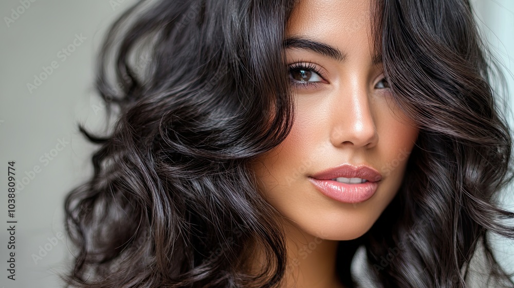 Obraz premium Long female hair dyed in rich black colour. Hair coloured in a modern shade and styled in smooth, loose waves. A brown-haired woman with perfect make-up stares intently into the camera. Illustration.
