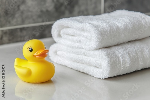 A small yellow duck and white towels on the bathroom counter children s bathing items baby essentials blank area for text photo