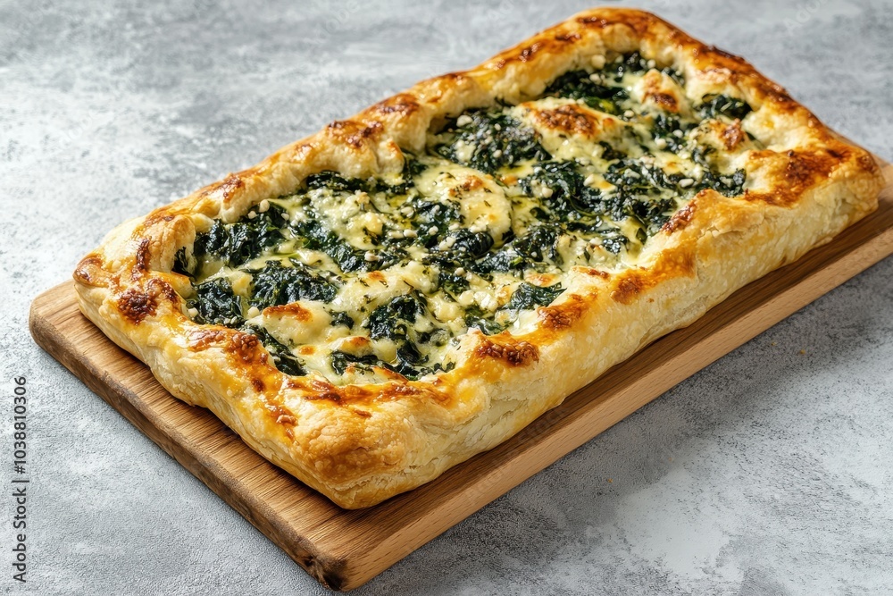A spinach and cheese rectangular pie on a wooden board against a gray concrete backdrop Spinach dishes Greek food A spinach and cheese rectangular pie on a wooden board against a gray concrete backdrop Spinach dishes Greek food