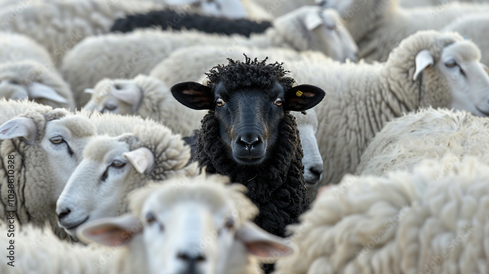 Obraz premium Single black sheep between flock crowd of white sheep. Stand out from the crowd, be different from everyone else concept 