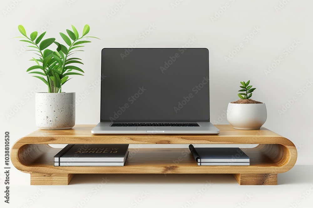 Fototapeta premium A wooden desk with a closed laptop, notebook, and potted plant isolated on white