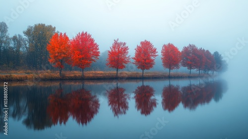Misty landscape with vibrant red trees reflecting in calm water.