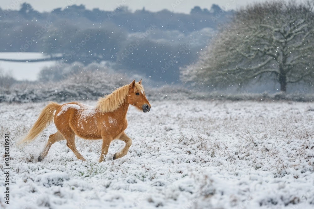 A tan pony trots through a snowy field in rural Shropshire UK A tan pony trots through a snowy field in rural Shropshire UK