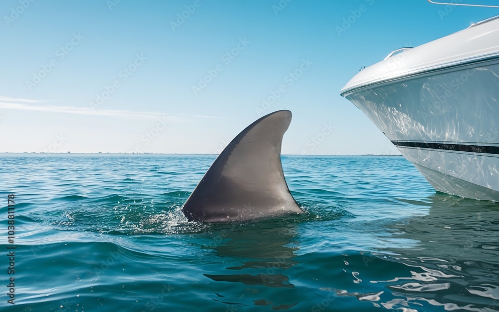 Fototapeta premium Shark fin swimming close to boat in ocean water